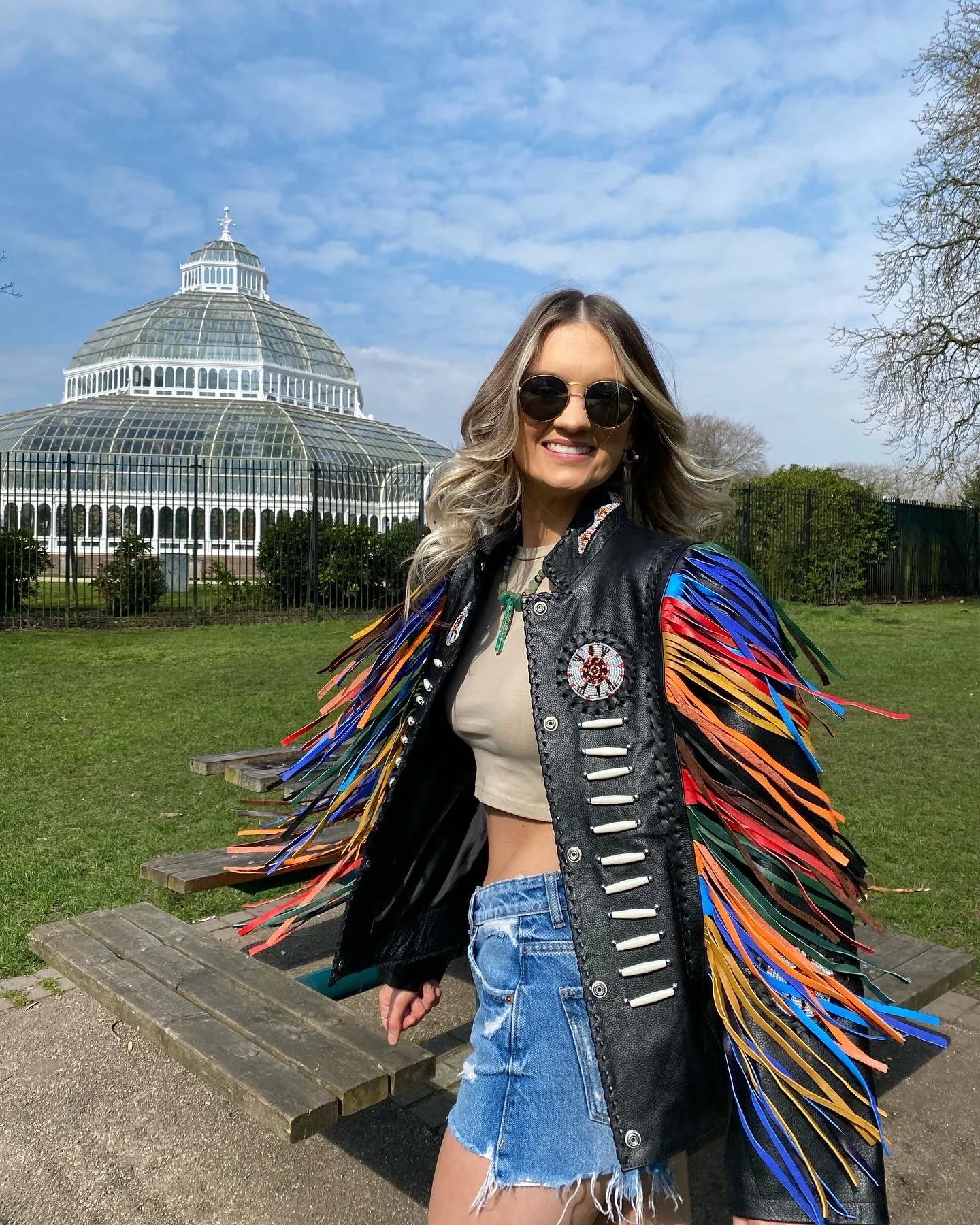 Arizona Short Black Tassel Leather Jacket in Rainbow