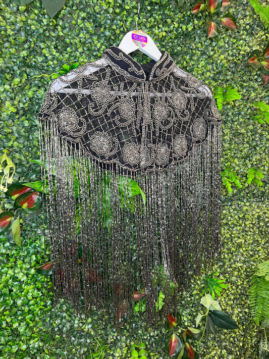 Embellished Tassel Beaded Cape - Silver Flower