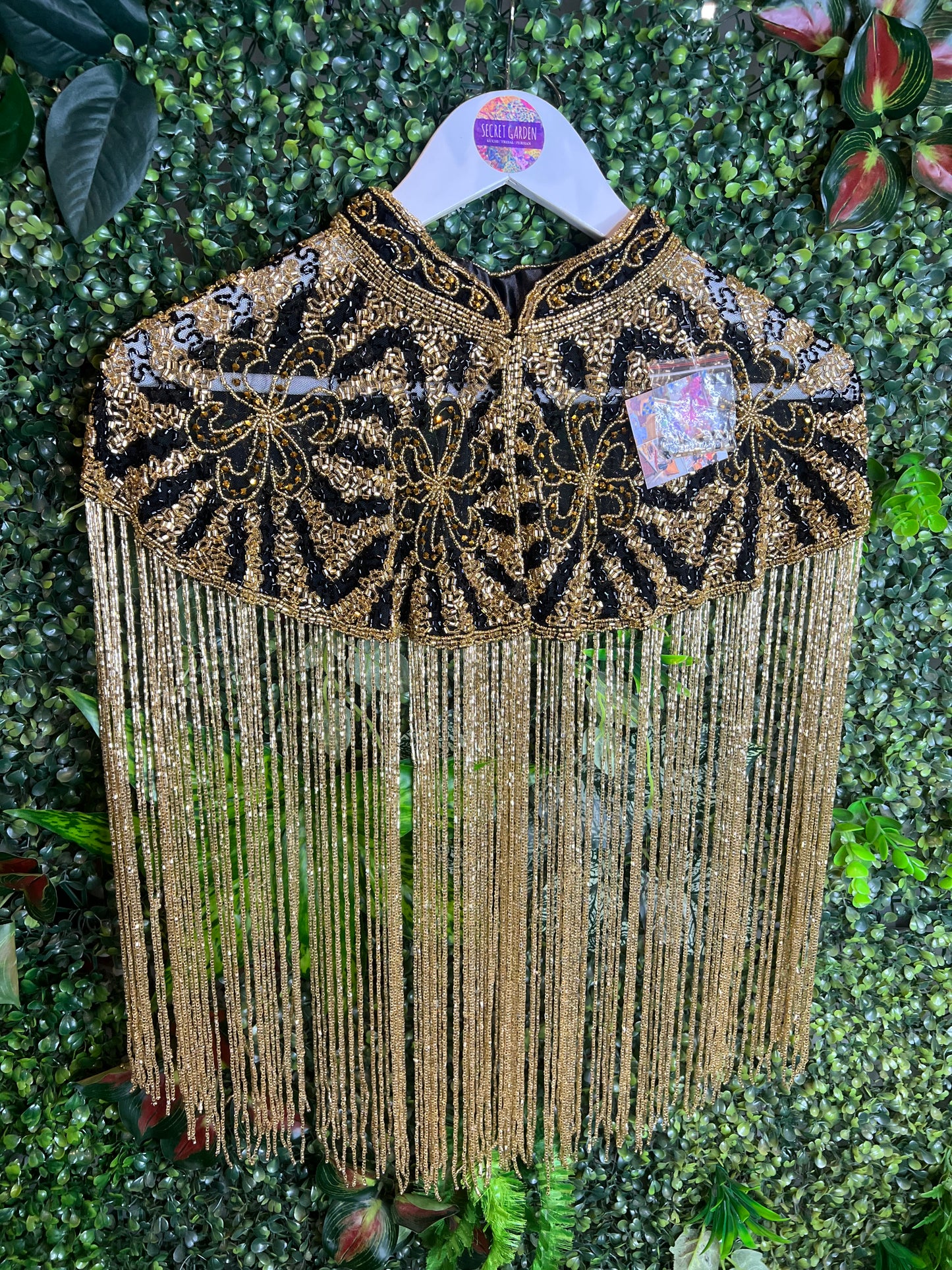 Embellished Tassel Beaded Cape - Black & Gold Swirl