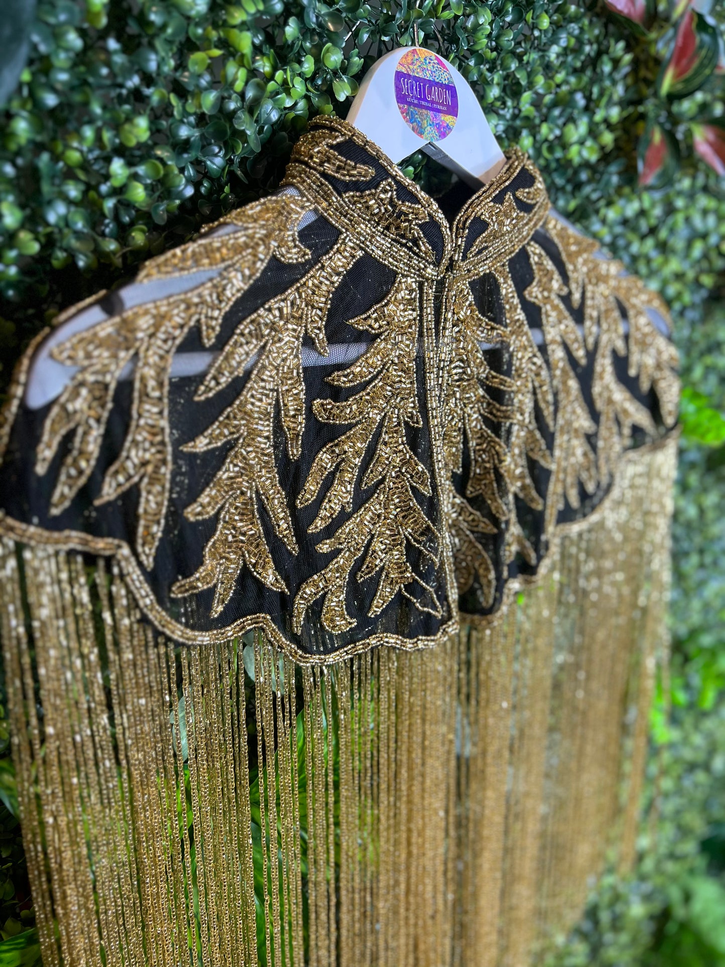 Embellished Tassel Beaded Cape - Black & Gold Pattern