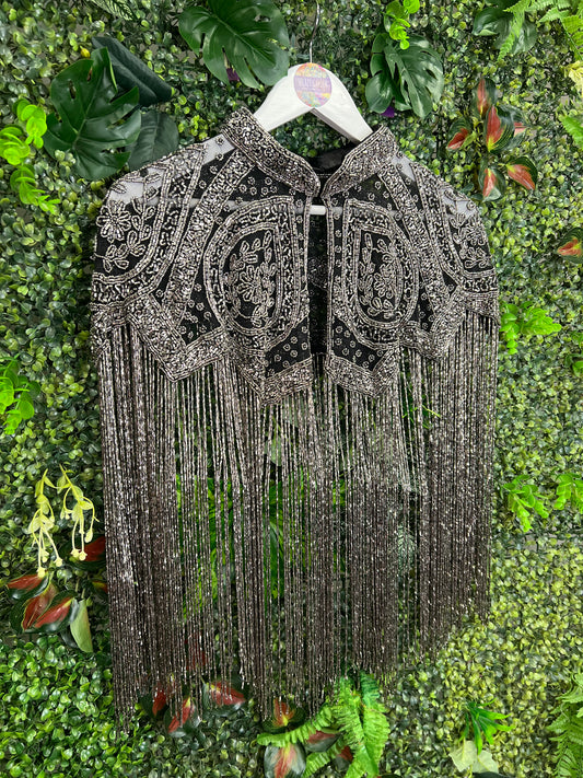 Embellished Tassel Beaded Cape - Silver