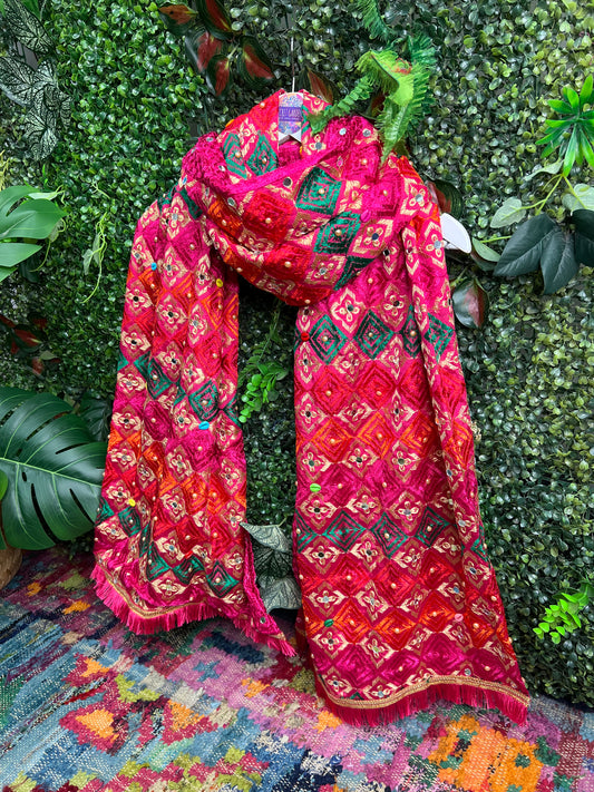 Phulkari Embellished Wool Pink Scarf