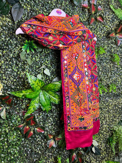 Red Phulkari Mirrored Scarf