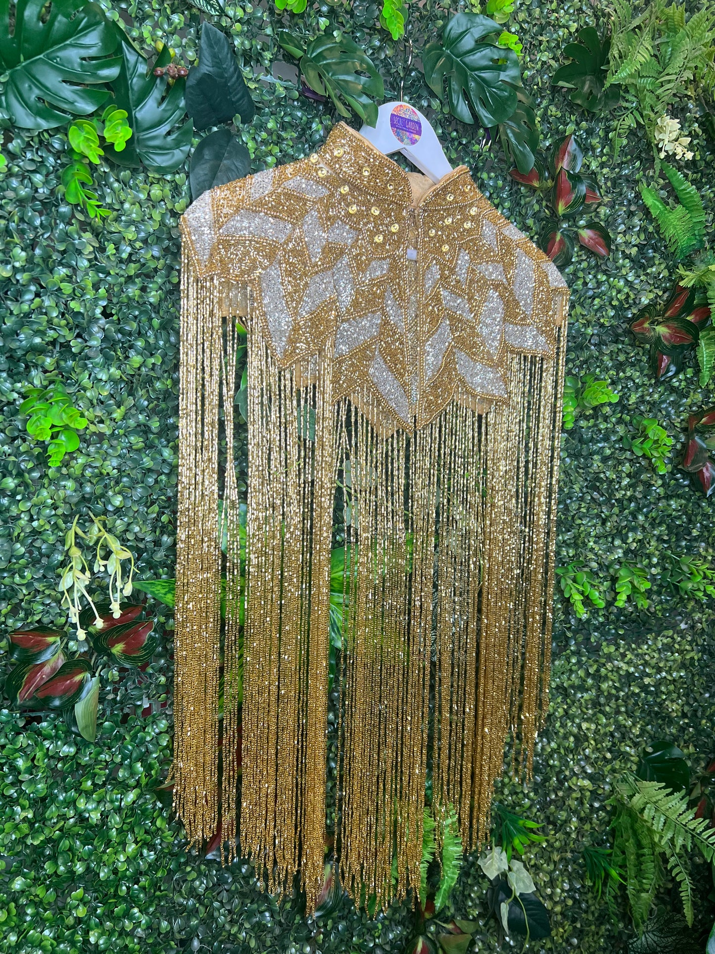 Embellished Tassel Beaded Cape in Gold