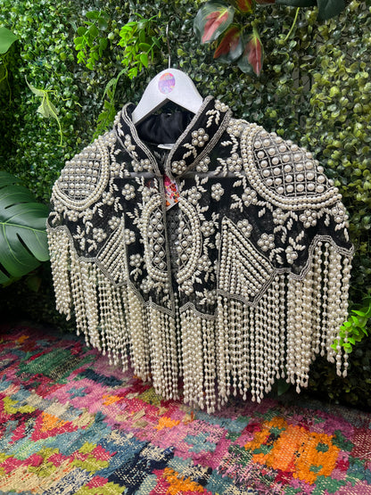 Embellished Tassel Beaded Cape - Silver & Pearl