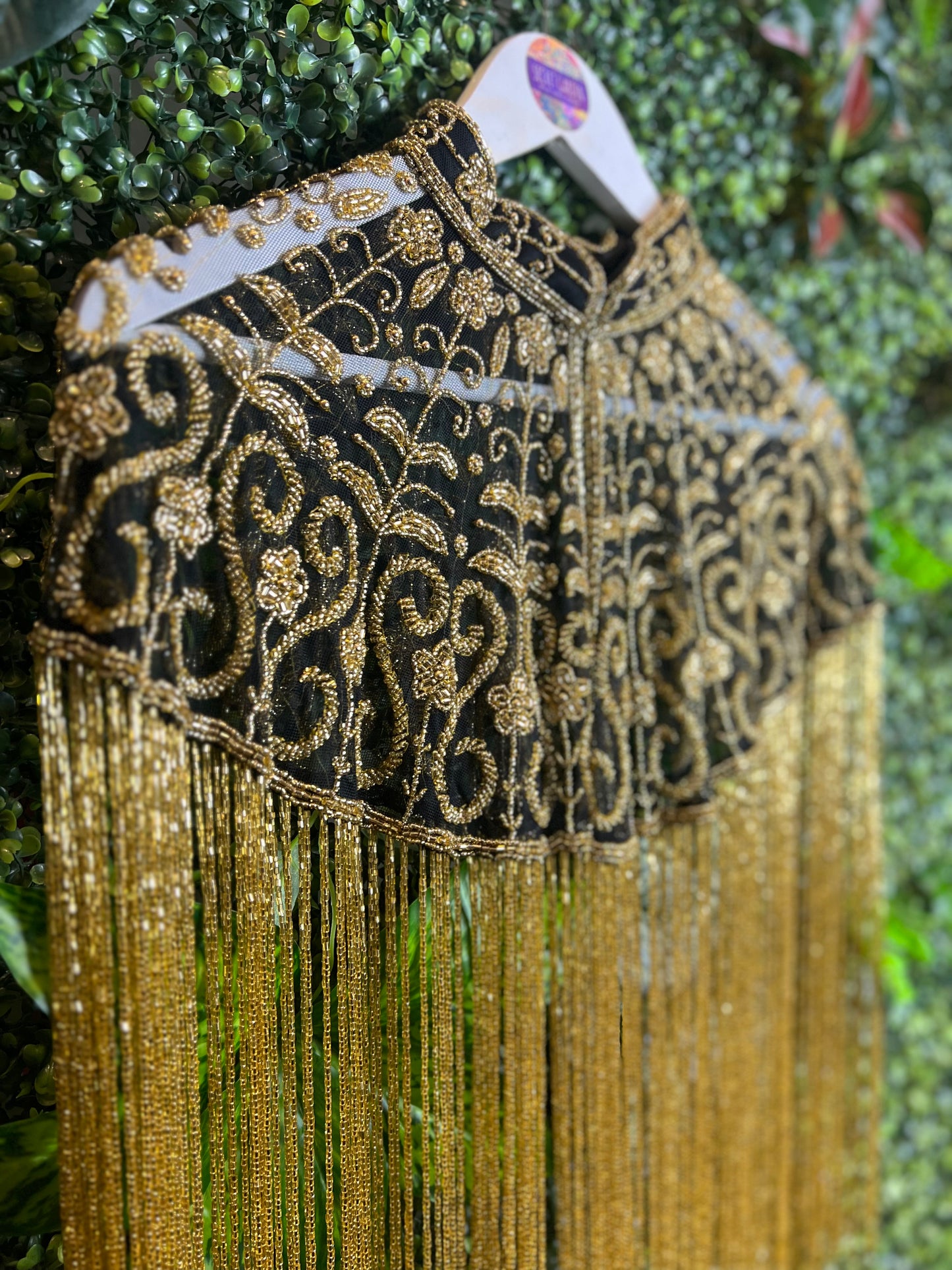 Embellished Tassel Beaded Cape - Black & Gold Flower