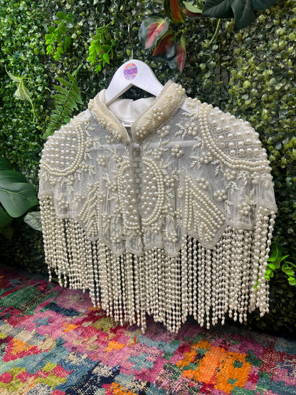 Embellished Tassel Beaded Cape - Pearl