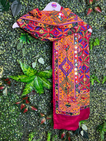 Red Phulkari Mirrored Scarf