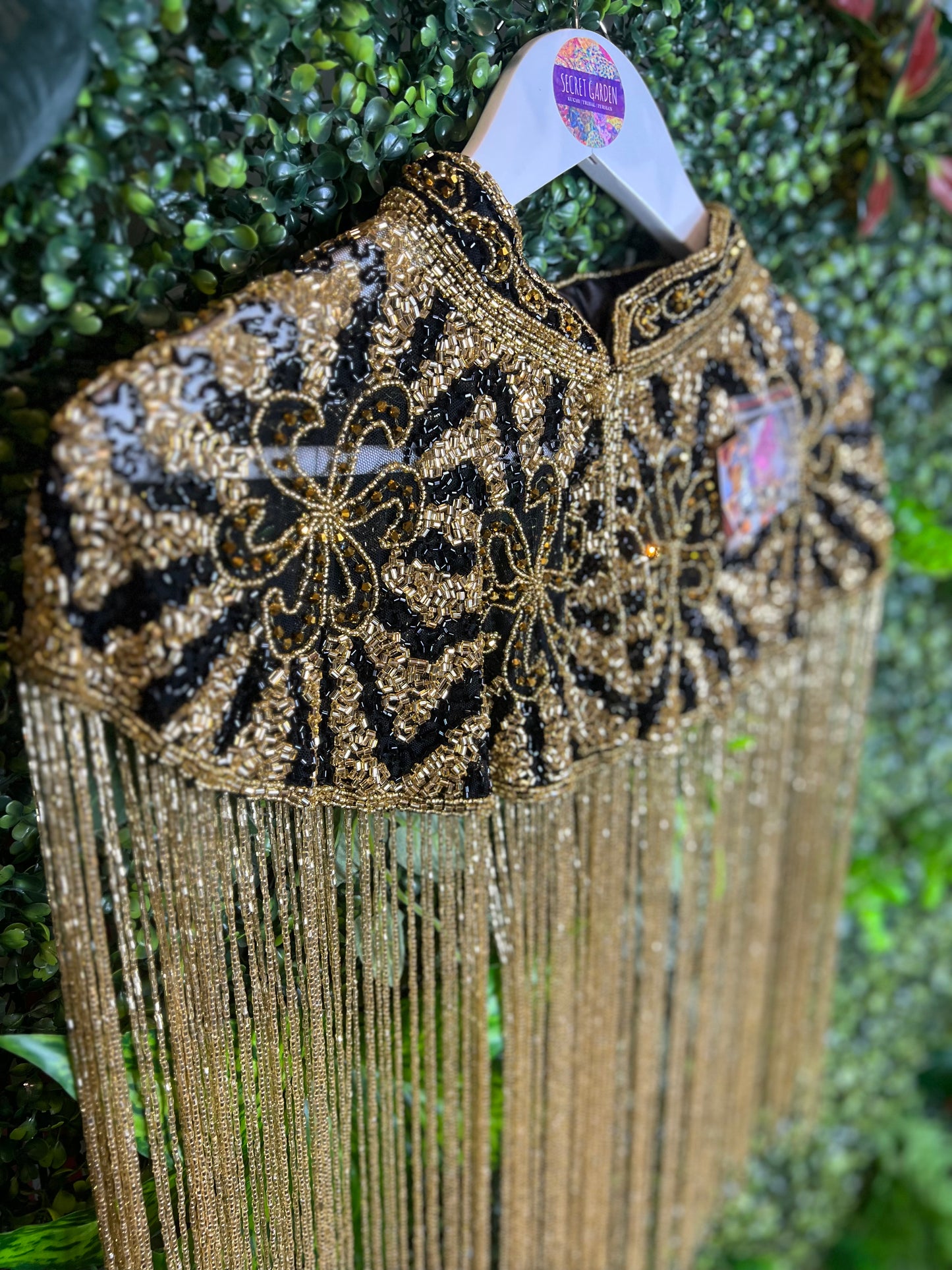 Embellished Tassel Beaded Cape - Black & Gold Swirl