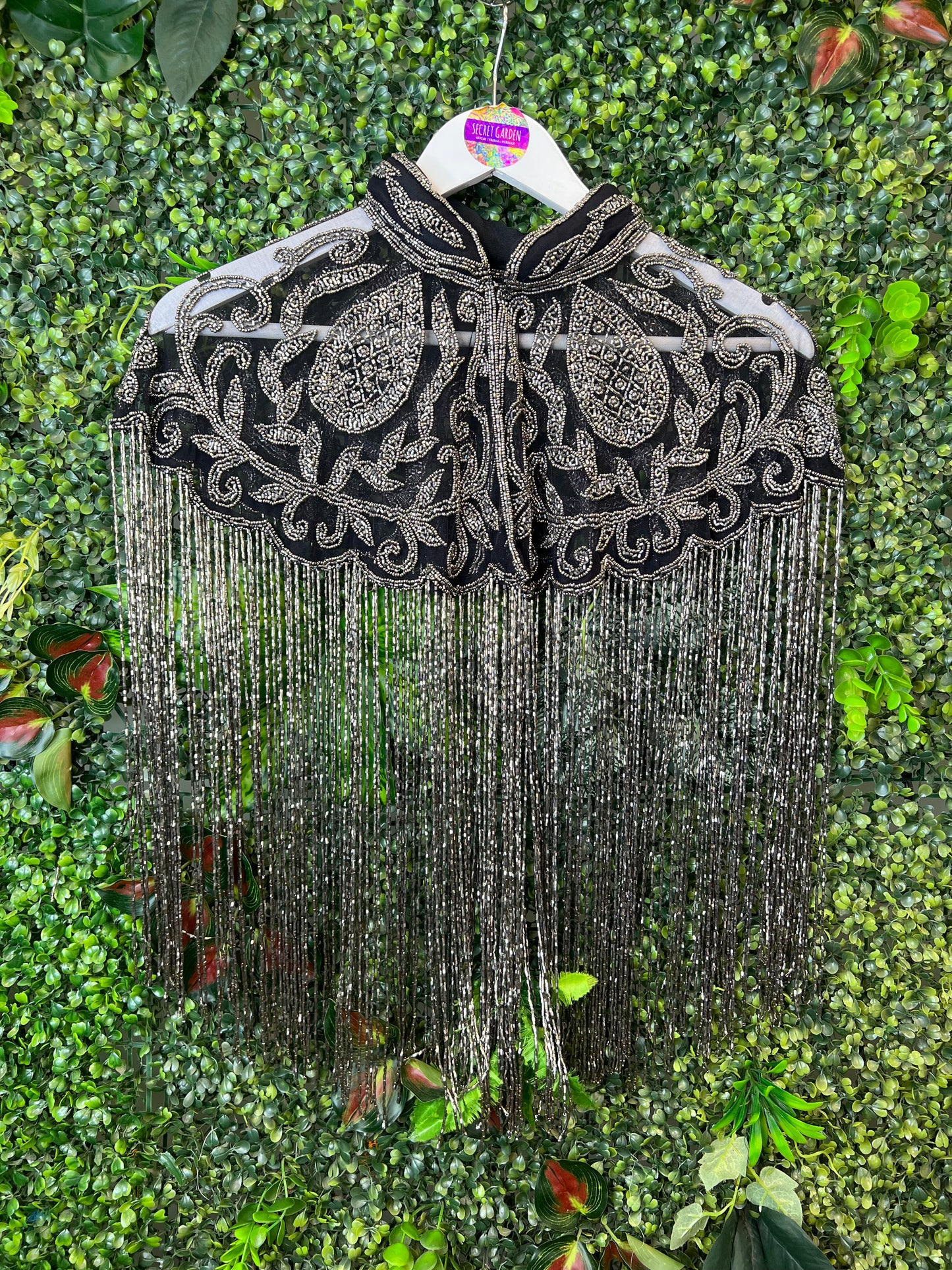 Embellished Tassel Beaded Cape - Silver Leaf