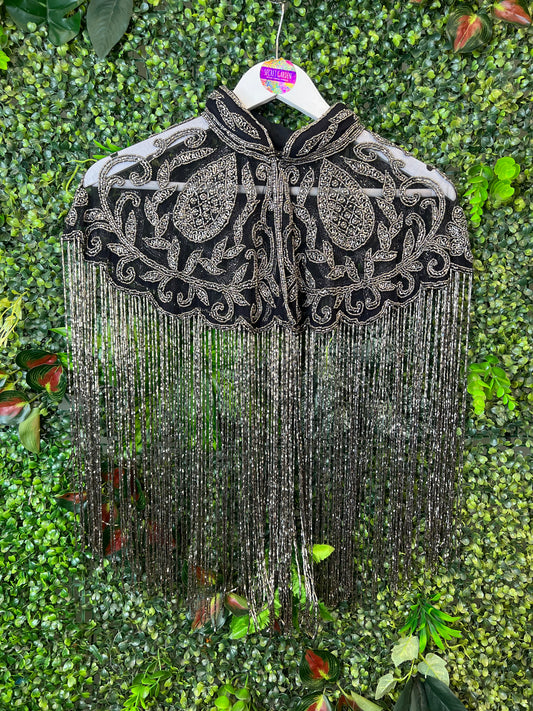 Embellished Tassel Beaded Cape - Silver Leaf