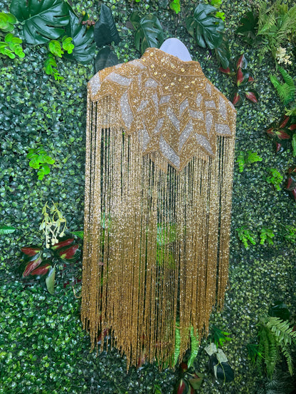 Embellished Tassel Beaded Cape in Gold