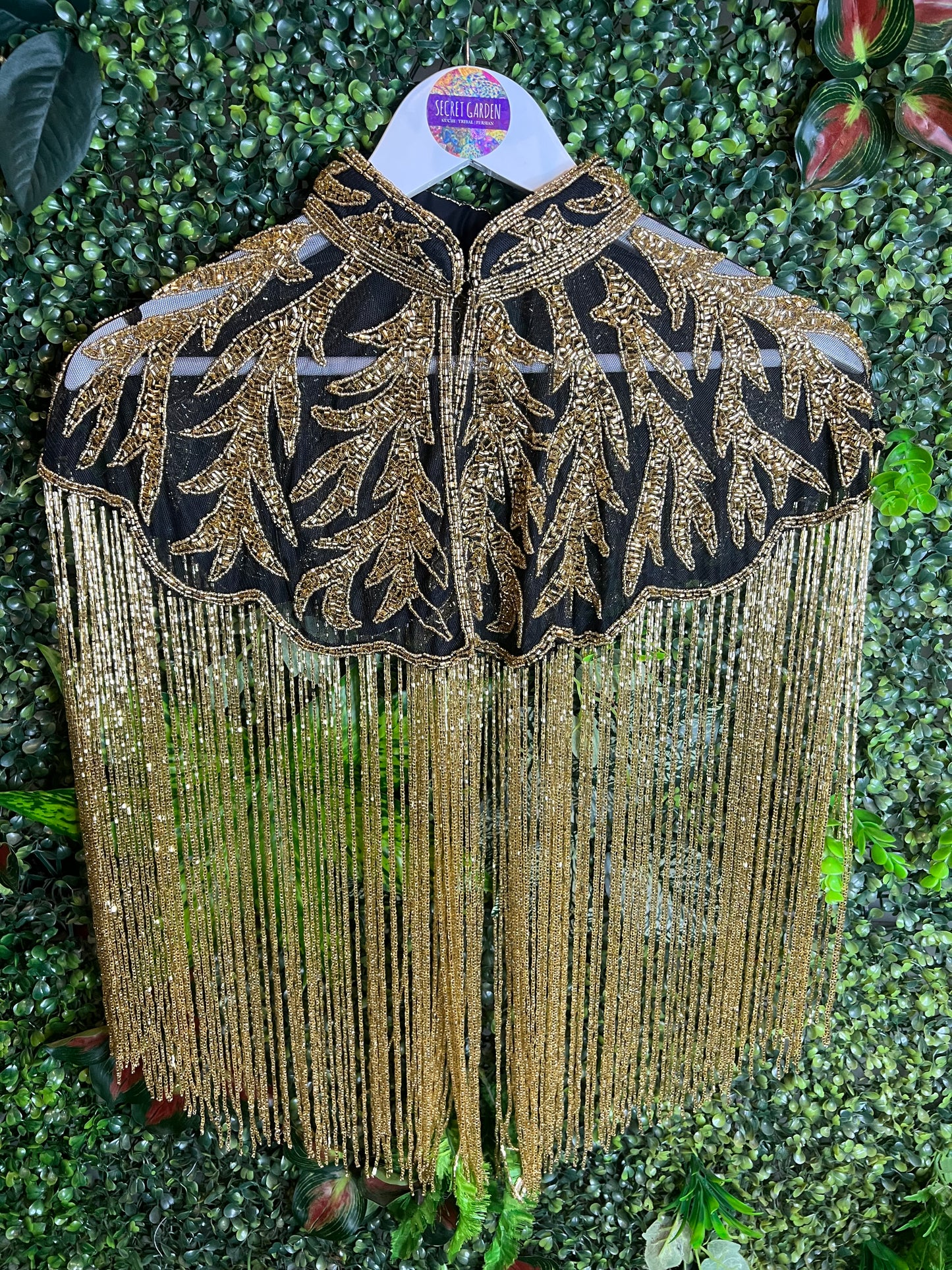 Embellished Tassel Beaded Cape - Black & Gold Pattern