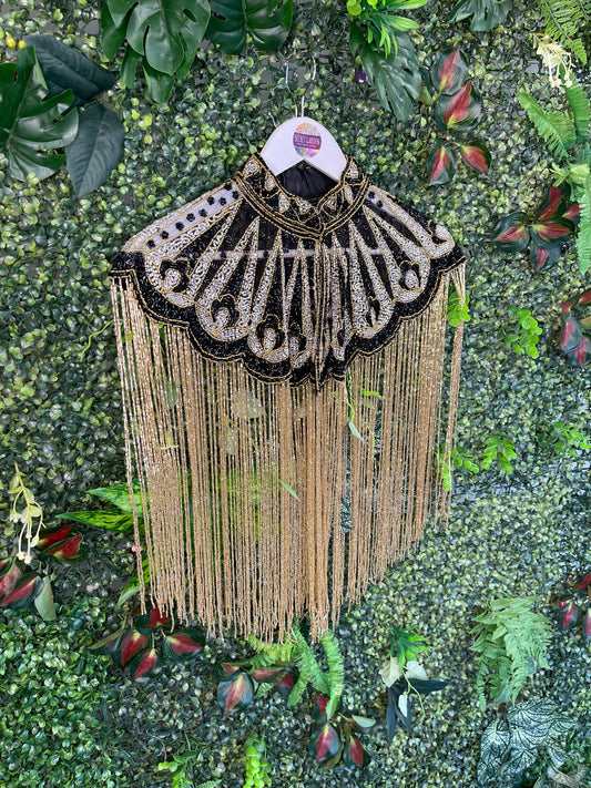 Embellished Tassel Beaded Cape - Black, Silver and Gold