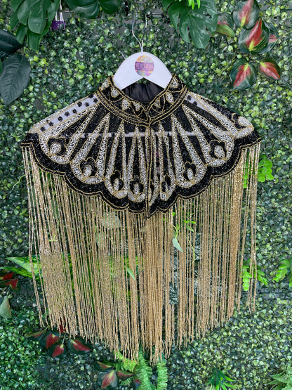 Embellished Tassel Beaded Cape - Black, Silver and Gold