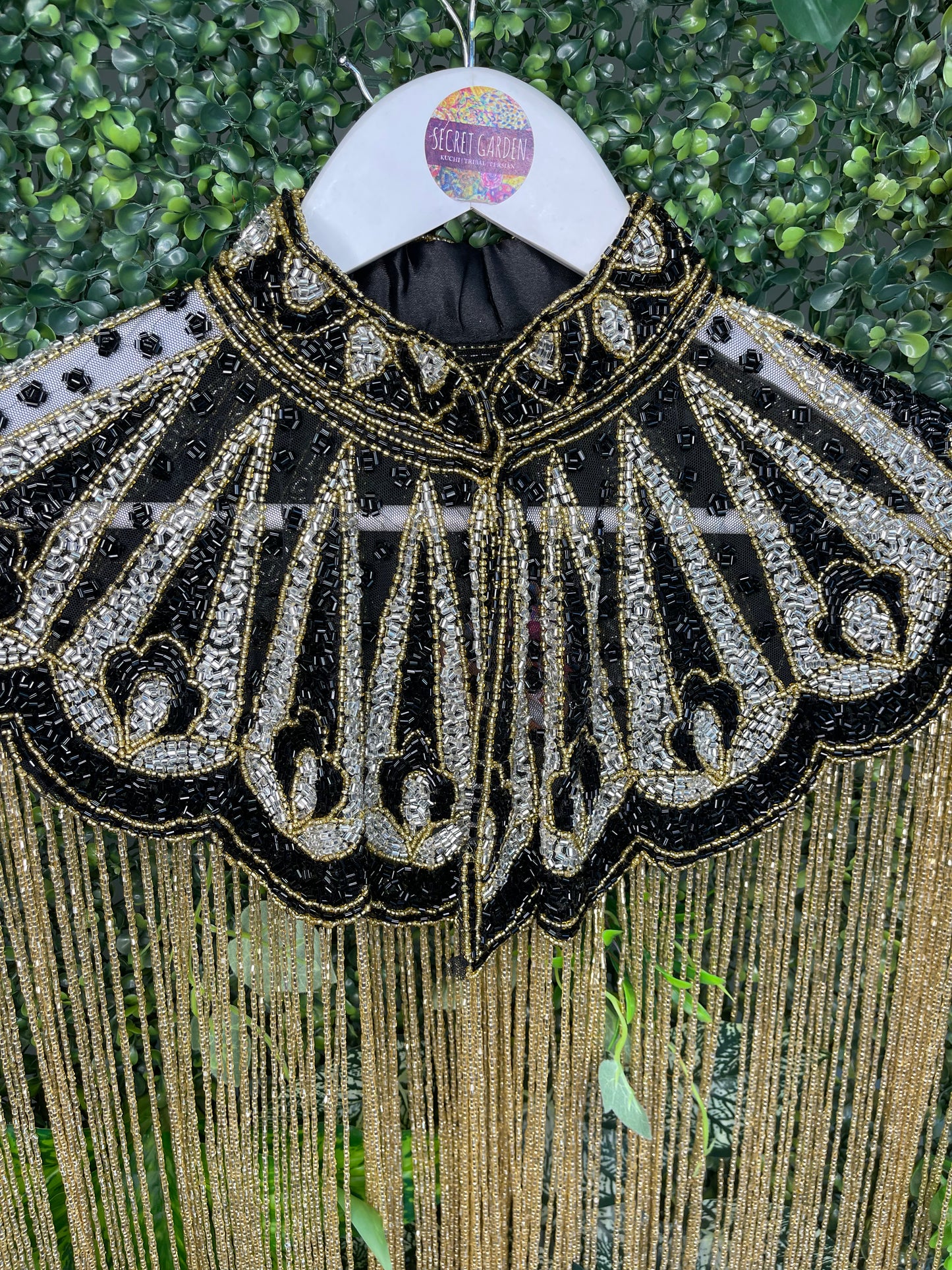 Embellished Tassel Beaded Cape - Black, Silver and Gold