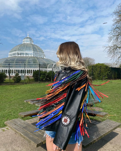 Arizona Short Black Tassel Leather Jacket in Rainbow