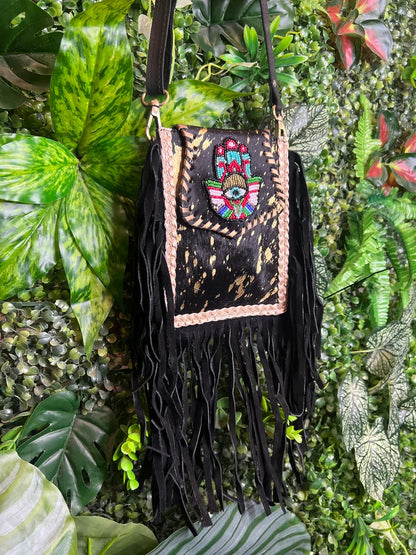 Suede Tassel Hamsa Mobile Bags - Black